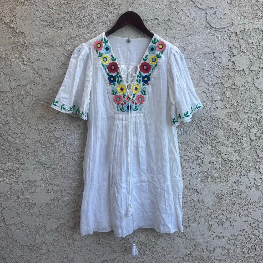 Margaret O’Leary White Embroidered Babydoll Mini Dress Lined Boho Size Small